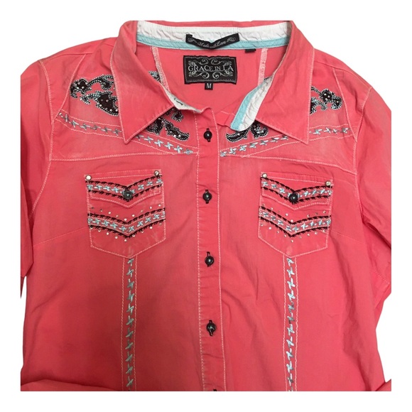 Grace In LA Western Medium Rhinestone Embroidered Stretch Rodeo Rollup Sleeve - Picture 6 of 14